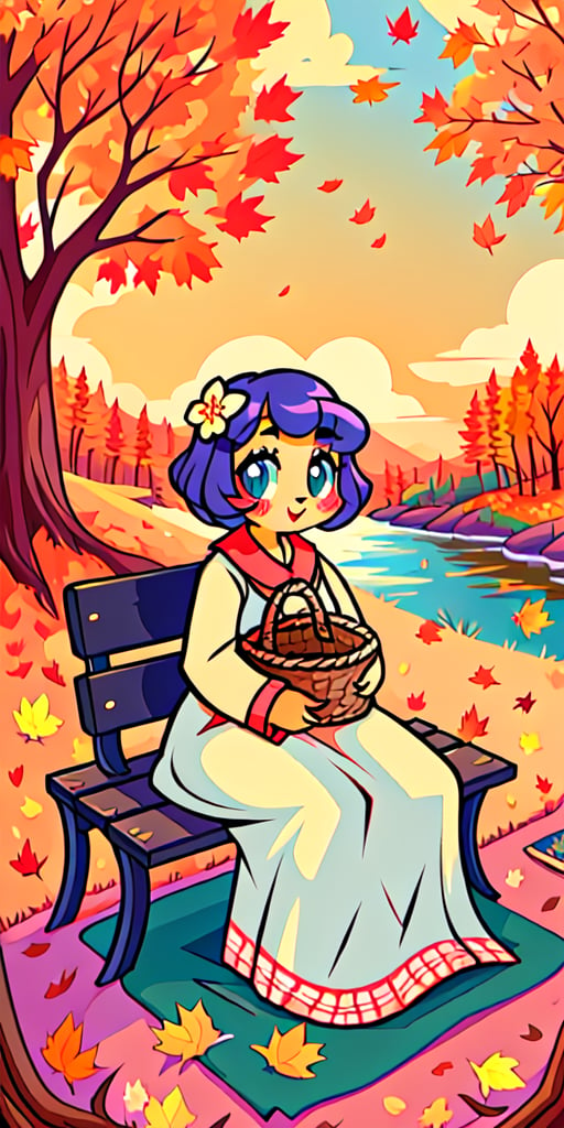 Solo_female,1930s (style), kawaii, outdoor, high_resolution, digital_art,|,a flowery field on a cool autumn afternoon next to a brook| old blankets, bench, picnic, ruck_sack, basket, sack|,vectorstyle