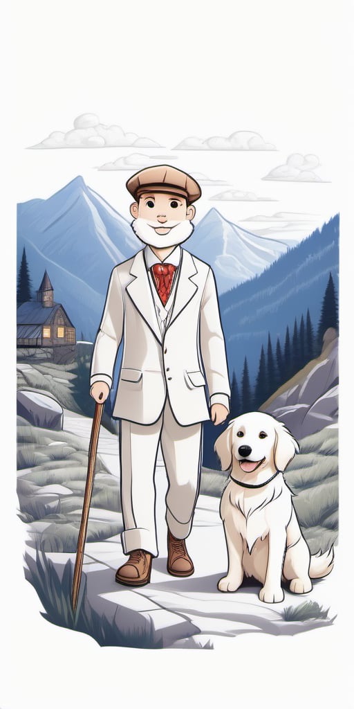 Black and white outline art for kids coloring book. Black and white outline art for kids' coloring book, a young shy crippled young man wearing newsboy cap, limping using a long heavily walking stick, a men's lounge jacket embroidered with Sami symbolism, bohemian vest, and Ascot, worn-out pants hiding his left leg brace, walking a cuddly white golden retriever pup, surrounded by a haunted 1920s Oregon mountain town, nestled in the cliffs, color for children pure white line style white background whole body sketch whole body (((((white background)) )) ), outline only, cartoon style, line art, coloring book, clean line drawing, white background, sketch,greg rutkowski,Leonardo Style,Movie Still