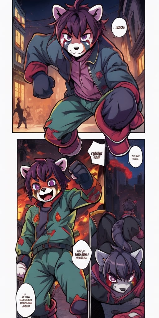 1930s (style), Comic, kawaii, master piece, beautiful boy in an abandoned zombie filled city, red_panda, paw_gloves, Fur_boots, animal_marking, face_paint, chocolate_hair, violet_eyes, furry_jacket,yofukashi background, zombies,hinata,1990s \(style\),kusanagi motoko,city,chundef, action_pose, battle_stance, back_pack,running,teenage , ripped_clothing, bloody_clothes, sweatpants,Circle,vectorstyle, happy_face, hungry,cammy sf6,c.c.,manga,manwha,chara-sheet, animal_tail,comic