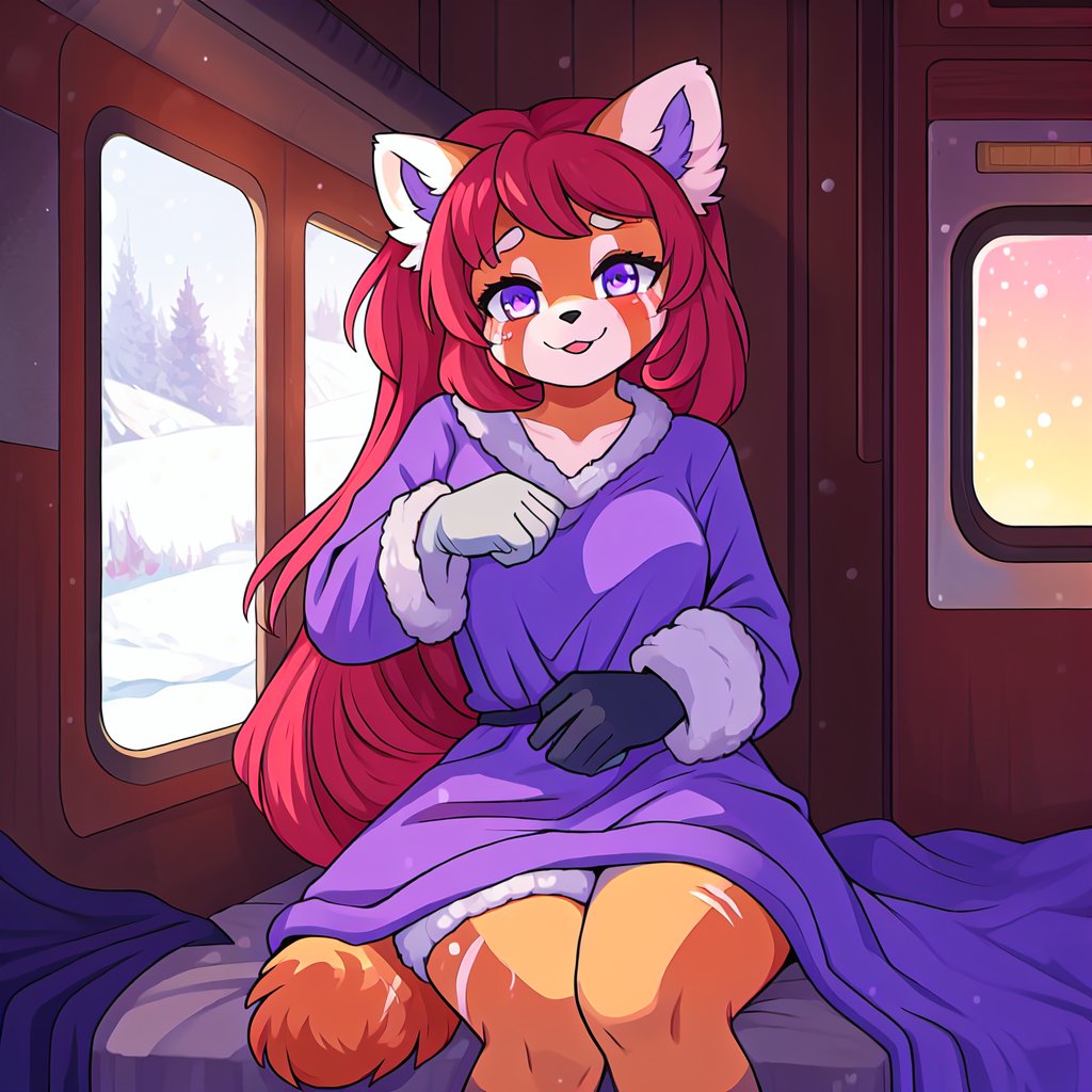 1930s (style), kawaii, inside a peaceful and relaxing  old abandoned train car with the soft winter sun shinning softy through the front windows, red_panda, long_lavender_hair, sapphire_eyes, anthromorph, high_resolution, digital_art, cute_fang, bed_head, curvy_figure, body scars, female, indoors, blue_fur, boho_dress, streaked_hair, sleepy, hugging_knees, happy_face, cute_fang, cute, sleeping, ripped_clothing, poor, winter_clothes, sack, gloves, old blankets, teenager