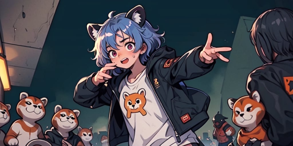 1930s (style), Comic, kawaii, master piece, beautiful boy in an abandoned zombie filled city, red_panda, paw_gloves, Fur_boots, animal_marking, face_paint, chocolate_hair, violet_eyes, furry_jacket,yofukashi background, zombies,hinata,1990s \(style\),kusanagi motoko,city,chundef, action_pose, battle_stance, back_pack,running,teenage , ripped_clothing, bloody_clothes, sweatpants,Circle,vectorstyle, happy_face, hungry,cammy sf6,c.c.,manga,manwha,chara-sheet, animal_tail