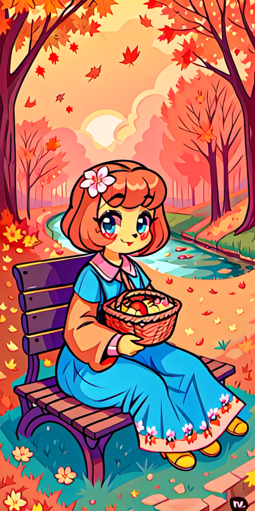 Solo_female,1930s (style), kawaii, outdoor, high_resolution, digital_art,|,a flowery field on a cool autumn afternoon next to a brook| old blankets, bench, picnic, ruck_sack, basket, sack|,vectorstyle