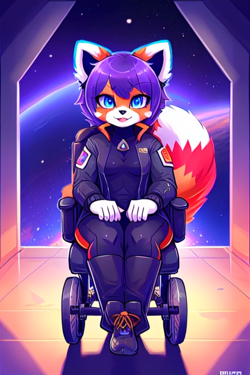 1930s (style),furry, kawaii, red_panda, ancient_egyptian, lavender_hair, blue_eyes, anthromorph, high_resolution, digital_art, cute_fang, golden_jewelry, messy_hair, curvy_figure, body scars, male, space suite, future, soldier, ,kusanagi motoko, city, wheelchair, outer_space, space_ship