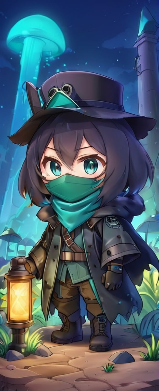 In a desolate world, a young grave digger boy roams the Bioluminescent tundra graveyard, his fur cloak and gas mask shielding him from the toxic air. With his magical miner's lantern and pick ax, he navigates the retro-future, hydro-punk landscape, reminiscent of a 1930s cartoon. But in this world, danger lurks around every corner. Will he find fortune or meet his doom on this treacherous journey?,gas mask,plague_doctor_mask ,Cybermask,3d style,chibi