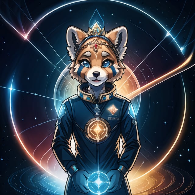 Galali, a male kawaii furry suit of a red panda golden retriever hybrid with glowing celestial constellation markings fully body portray wearing a bohemian space suit, with Sami symbolism embroidered on his shirt, surrounded by the dieselpunk space station orbiting Uranus, complex lighting and shadows, Cute and fluffy, Brass jewelry, shiny, sunlight fractal details, depth of field, detailed gorgeous face, Sci-Fi environment, natural body posture, professional photographer, captured with professional DSLR camera, 64k, ultra-detailed, ultra-accurate detailed, bokeh lighting, surrealism, ultra unreal engine, intricate, epic,fantasy_princess,Circle