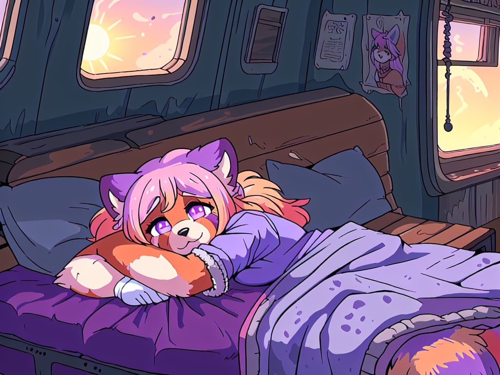 1930s (style), kawaii, oil_lanterns,((inside a broken down dirty,  old abandoned train car with the soft winter sun shinning softy through the front windows, old blankets, bench,old mattress,)), ((red_panda, long_lavender_hair, sapphire_eyes, anthromorph, high_resolution, digital_art, cute_fang, bed_head, curvy_figure, body scars, female, indoors, violet_fur, boho_dress, streaked_hair, sleepy, happy_face, cute, sleeping, ripped_clothing, poor, winter_clothes, sack, gloves, arms_crossed,stained clothes, rags ,teenagee)),