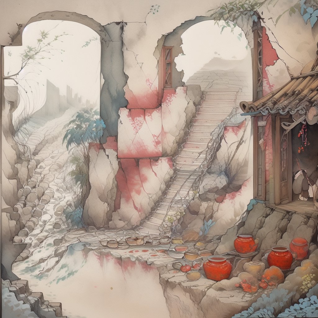 The Happy Bones Orphanage, a two-story Shotgun house with peeling paint and shattered windows, perched on the edge of a rugged canyon overlooking a cascading waterfall, kawaii, 1930s (style),isometric,ChineseWatercolorPainting