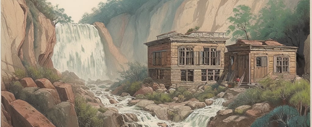 The Happy Bones Orphanage, a two-story Shotgun house with peeling paint and shattered windows, perched on the edge of a rugged canyon overlooking a cascading waterfall, kawaii, 1930s (style),isometric,ChineseWatercolorPainting,oil painting