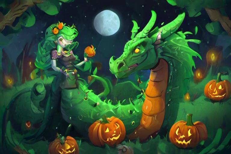 1930s-style, the emerald dragon witch made of vines hiding in a spooky pumpkin patch on Halloween night,3d style, Gill_man,flatee