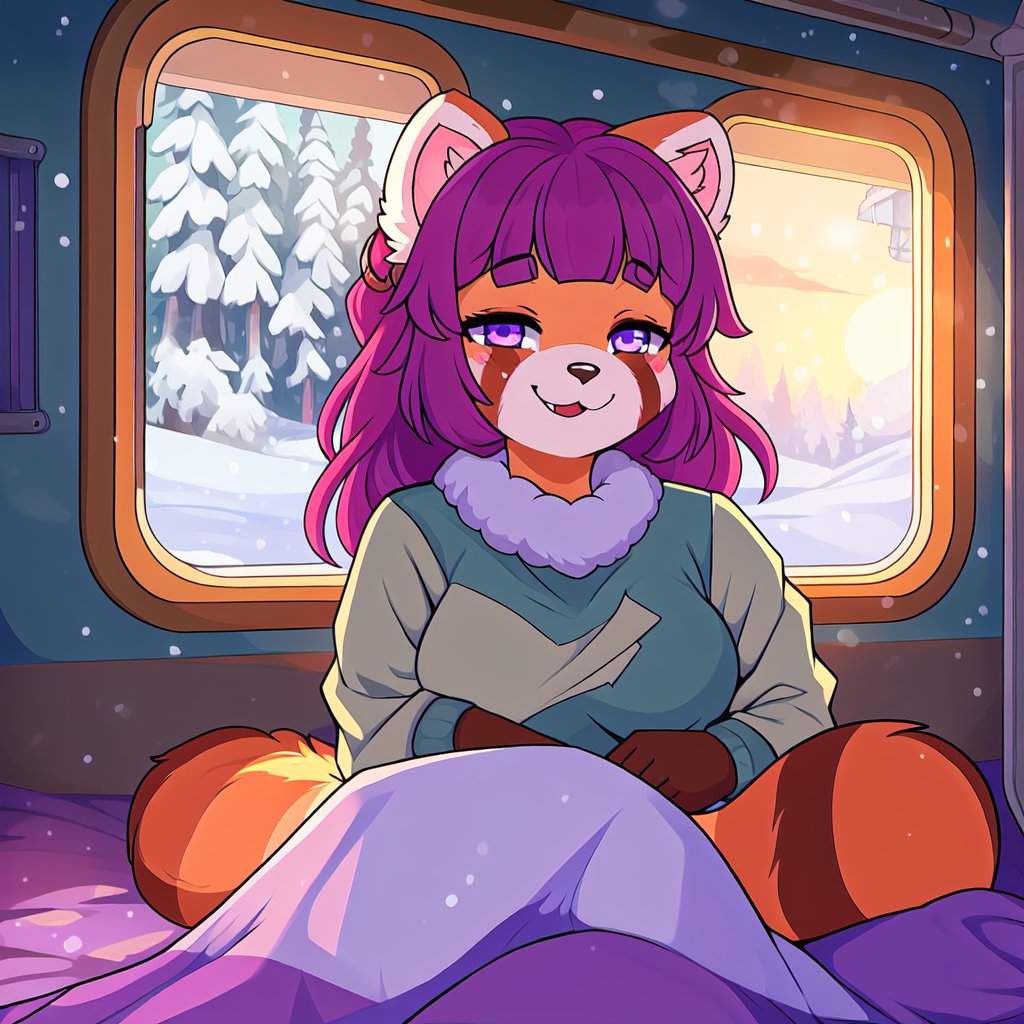 1930s (style), kawaii, inside a peaceful and relaxing  old abandoned train car with the soft winter sun shinning softy through the front windows, red_panda, long_lavender_hair, sapphire_eyes, anthromorph, high_resolution, digital_art, cute_fang, bed_head, curvy_figure, body scars, female, indoors, blue_fur, boho_dress, streaked_hair, sleepy, hugging_knees, happy_face, cute_fang, cute, sleeping, ripped_clothing, poor, winter_clothes, sack, gloves, old blankets