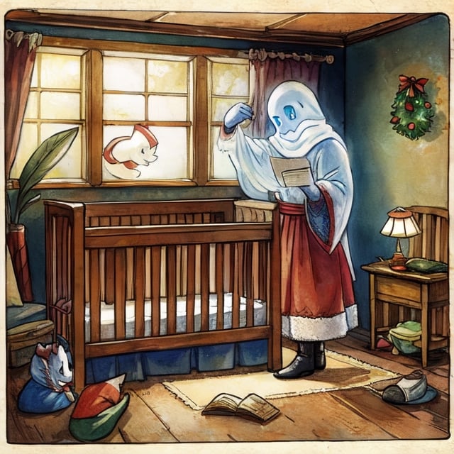 A young girl in a crib is visited by Dickenson's three ghost of Christmas. Vintnage postcard