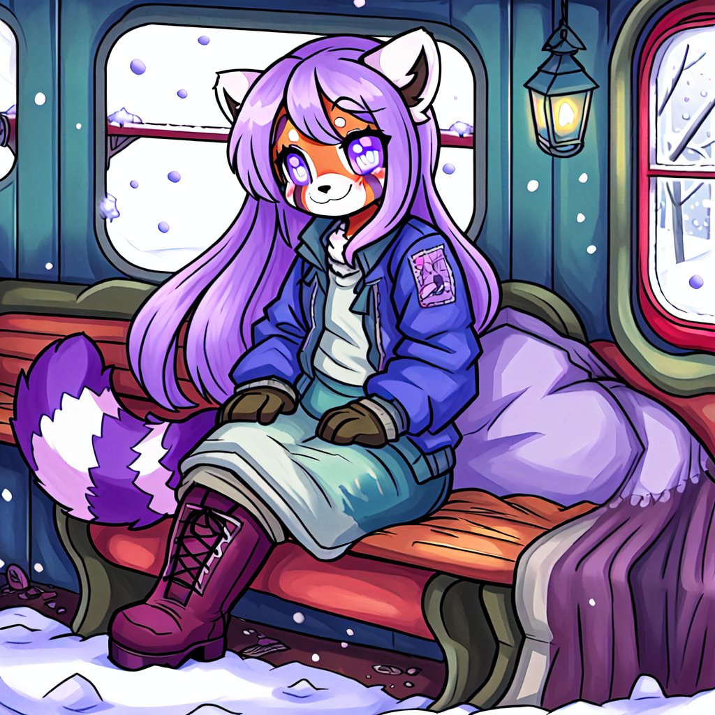 1930s (style), kawaii, indoors, high_resolution, digital_art,|inside a broken down dirty, old abandoned train car with the soft winter sun shinning softy through the windows| old blankets, bench,old mattress, ruck_sack, oil_lanterns, sack|,red_panda, anthromorph, violet_fur, curvy_figure| long_lavender_hair, bed_head, streaked_hair,|,sapphire_eyes, cute_fang, body scars,| cute, ripped_clothing, green_winter_clothes, stained_jacket, gloves, boots,|, happy_face, arms_crossed,teenage, crossed_legs_(sitting), sickness,