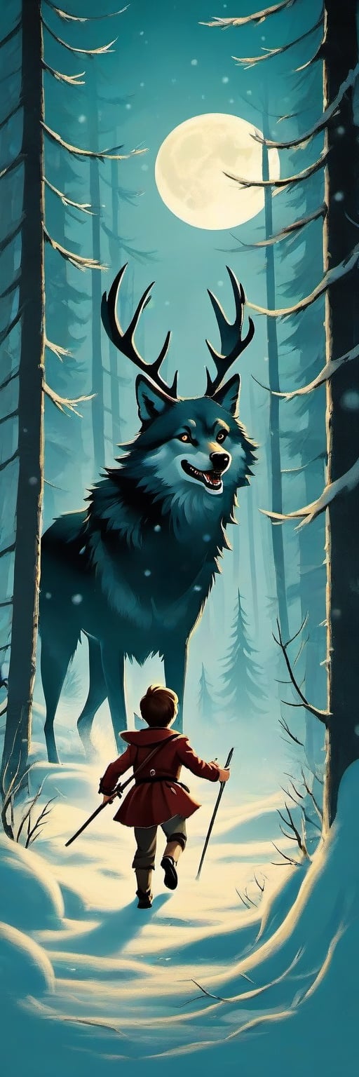 Create a captivating and whimsical a 1950s movie poster for a 1920s  for the juvenile horror/humor novel titled "The Howl of the Wendigo," part of the series "The Wolves of Blood Creek" by J.R. Ghostwood.