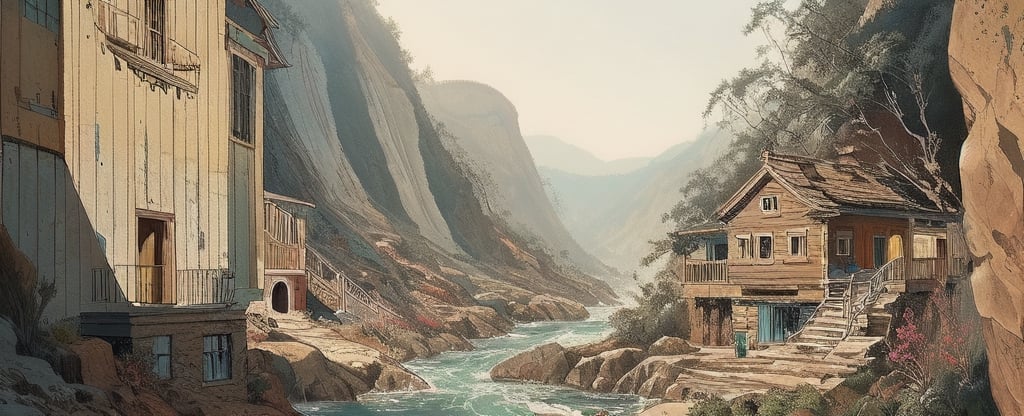 The Happy Bones Orphanage, a two-story Shotgun house with peeling paint and shattered windows, perched on the edge of a rugged canyon overlooking a cascading waterfall, kawaii, 1930s (style),isometric,ChineseWatercolorPainting,oil painting