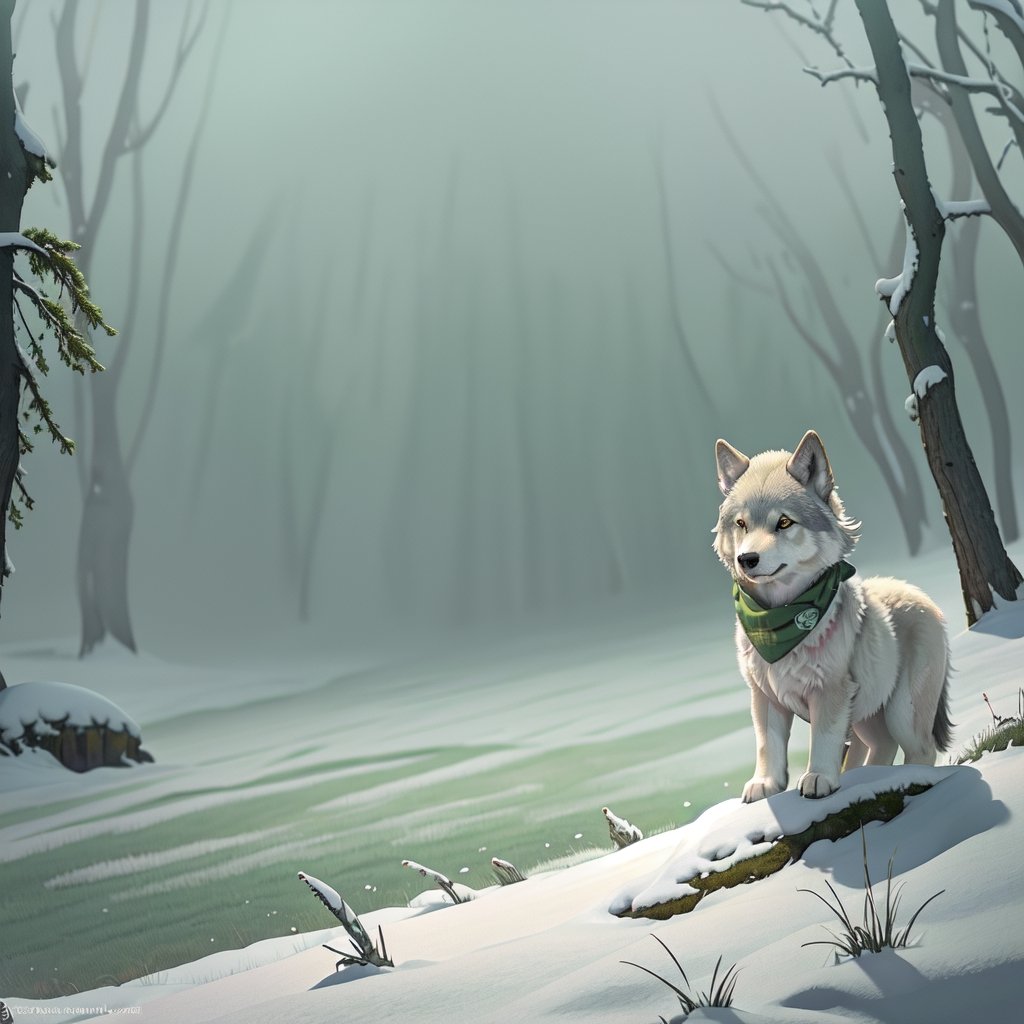 A small, trembling wolf pup with shaggy fur the color of sage green, lost in a foggy and haunted snow covered forest. Its eyes dart around nervously, searching for a way out. Suddenly, it spots a graveyard in the distance, sending shivers down its spine. The pup clutches onto its old, tattered green neck bandana for comfort, but it knows it's in for a spooky adventure.