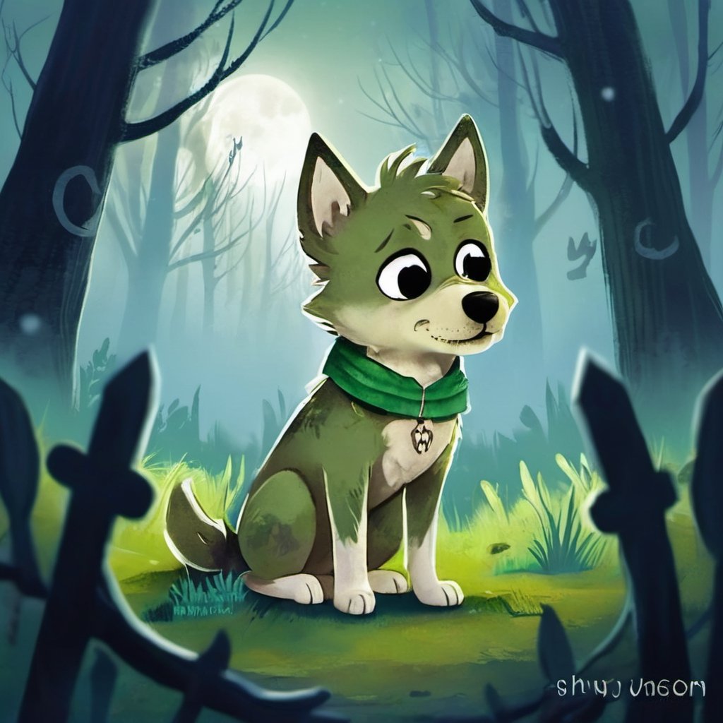 (masterpiece, best quality, ultra-detailed, 8K) A small, trembling wolf pup with shaggy fur the color of sage green, lost in a foggy and haunted forest. Its eyes dart around nervously, searching for a way out. SuddeaA small, trembling wolf pup with shaggy fur the color of sage green, lost in a foggy and haunted snow-covered forest. Its eyes dart around nervously, searching for a way out. Suddenly, it spots a graveyard in the distance, sending shivers down its spine. The pup clutches onto its old, tattered green neck bandana for comfort, but it knows it's in for a spooky adventure. only, it spots a graveyard in the distance, sending shivers down its spine. The pup clutches onto its old, tattered green neck bandana for comfort, but it knows it's in for a spooky adventure.