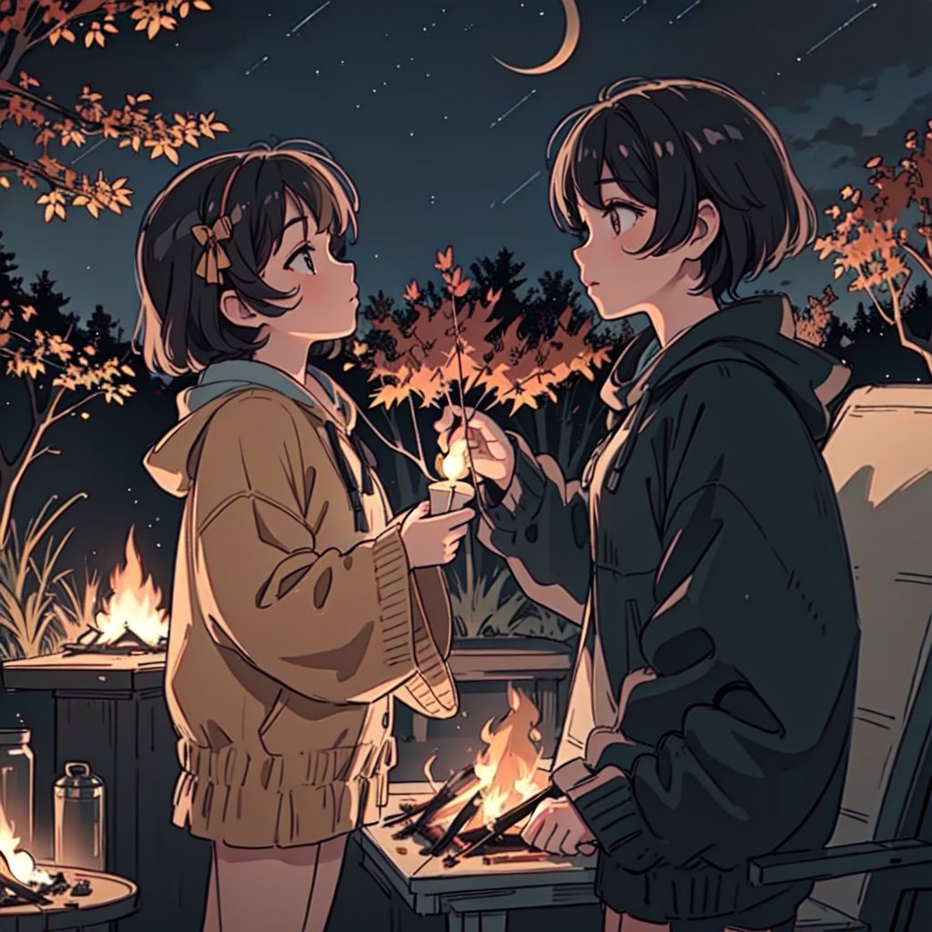 1930s (style), a loli girl roasting marshmallows over a campfire looking up at a stary night surrounded by maple trees, Sketch, autumn_leaves, star_(sky),Lofi,LOFI,cassdawnlvl1,day,EpicArt