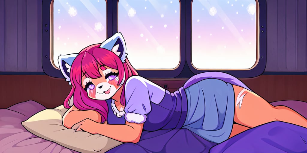 1930s (style), kawaii, inside a peaceful and relaxing  old abandoned train car with the soft winter sun shinning softy through the front windows, red_panda, long_lavender_hair, sapphire_eyes, anthromorph, high_resolution, digital_art, cute_fang, bed_head, curvy_figure, body scars, female, indoors, blue_fur, boho_dress, streaked_hair, sleepy, hugging_knees, happy_face, cute_fang, cute, sleeping, ripped_clothing, poor