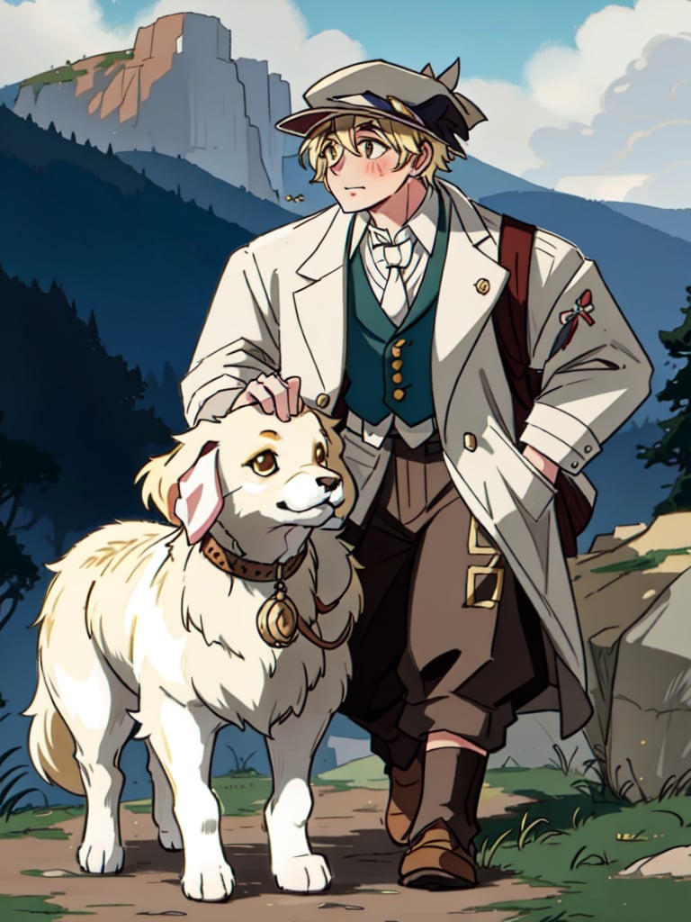 1930s (style), a young shy crippled young man wearing newsboy cap, limping using a long heavily walking stick, a men's lounge jacket embroidered with Sami symbolism, bohemian vest, and Ascot, worn-out pants hiding his left leg brace, walking a cuddly white golden retriever pup, surrounded by a haunted 1920s Oregon mountain town, nestled in the cliffs,