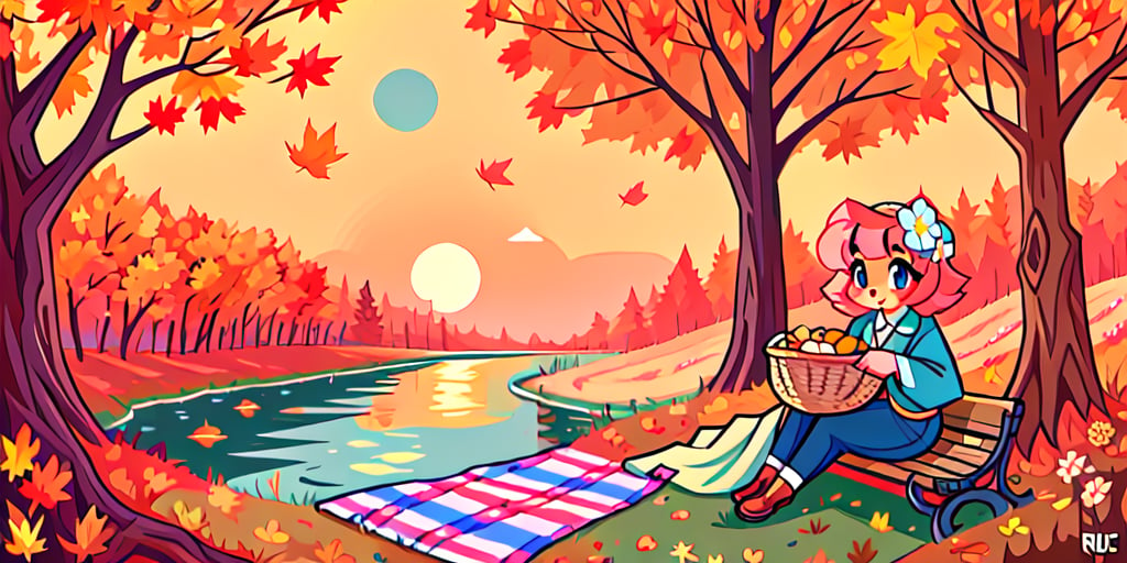 Solo_female,1930s (style), kawaii, outdoor, high_resolution, digital_art,|,a flowery field on a cool autumn afternoon next to a brook| old blankets, bench, picnic, ruck_sack, basket, sack|,vectorstyle