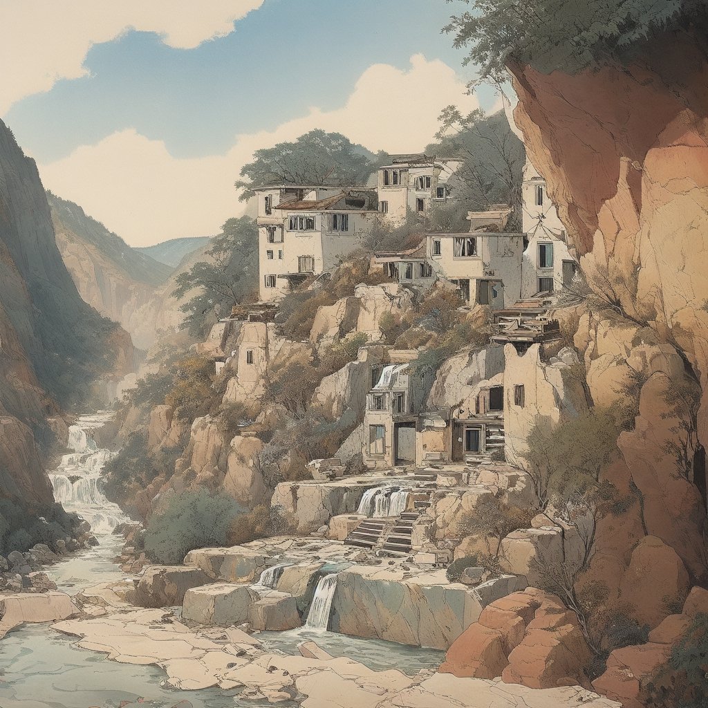 The Happy Bones Orphanage, a two-story Shotgun house with peeling paint and shattered windows, perched on the edge of a rugged canyon overlooking a cascading waterfall, kawaii, 1930s (style),isometric,ChineseWatercolorPainting,oil painting