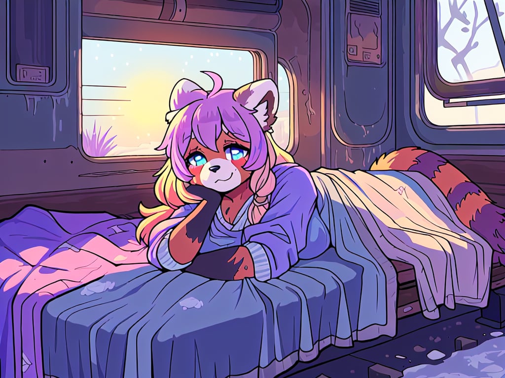 1930s (style), kawaii, female_solo ,oil_lanterns,((inside a broken down dirty,  old abandoned train car with the soft winter sun shinning softy through the front windows, old blankets, bench,old mattress,)), ((red_panda, long_lavender_hair, sapphire_eyes, anthromorph, high_resolution, digital_art, cute_fang, bed_head, curvy_figure, body scars, female, indoors, violet_fur, boho_dress, streaked_hair, sleepy, happy_face, cute, sleeping, ripped_clothing, poor, winter_clothes, sack, gloves, arms_crossed,stained clothes, rags ,teenagee)),