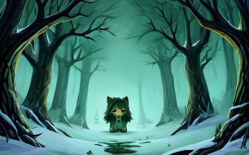 Masterpiece, A small, trembling wolf pup with shaggy fur the color of sage green, lost in a foggy and haunted snow covered forest. Its eyes dart around nervously, searching for a way out. Suddenly, it spots a graveyard in the distance, sending shivers down its spine. The pup clutches onto its old, tattered green neck bandana for comfort, but it knows it's in for a spooky adventure.,chibi,DonMCr33pyN1ghtm4r3 