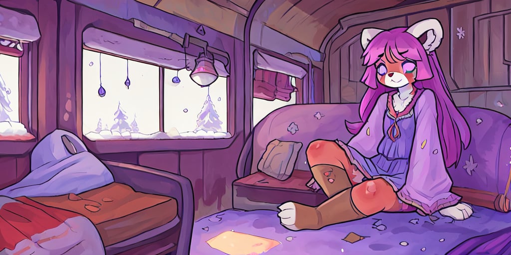 1930s (style), kawaii, female_solo ,oil_lanterns, inside a broken down dirty,  old abandoned train car with the soft winter sun shinning softy through the front windows, old blankets, bench,old mattress, red_panda, violet_fur, long_lavender_hair, sapphire_eyes, anthromorph, cute_fang, bed_head, curvy_figure, body scars, indoors, , boho_dress, streaked_hair, sleepy, happy_face, cute, ripped_clothing, poor, winter_clothes, sack, gloves, arms_crossed,stained clothes,teenage, crossed_legs_(sitting), sick