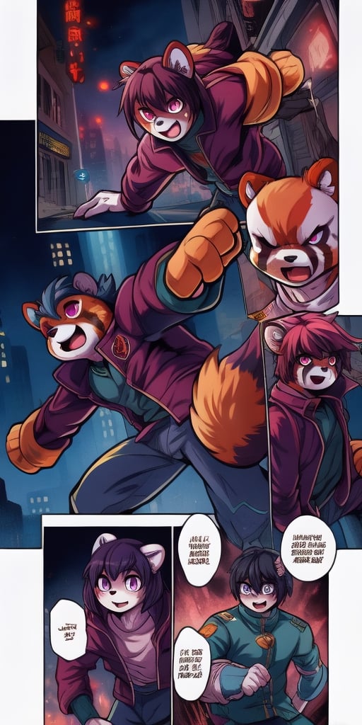 1930s (style), Comic, kawaii, master piece, beautiful boy in an abandoned zombie filled city, red_panda, paw_gloves, Fur_boots, animal_marking, face_paint, chocolate_hair, violet_eyes, furry_jacket,yofukashi background, zombies,hinata,1990s \(style\),kusanagi motoko,city,chundef, action_pose, battle_stance, back_pack,running,teenage , ripped_clothing, bloody_clothes, sweatpants,Circle,vectorstyle, happy_face, hungry,cammy sf6,c.c.,manga,manwha,chara-sheet, animal_tail,comic