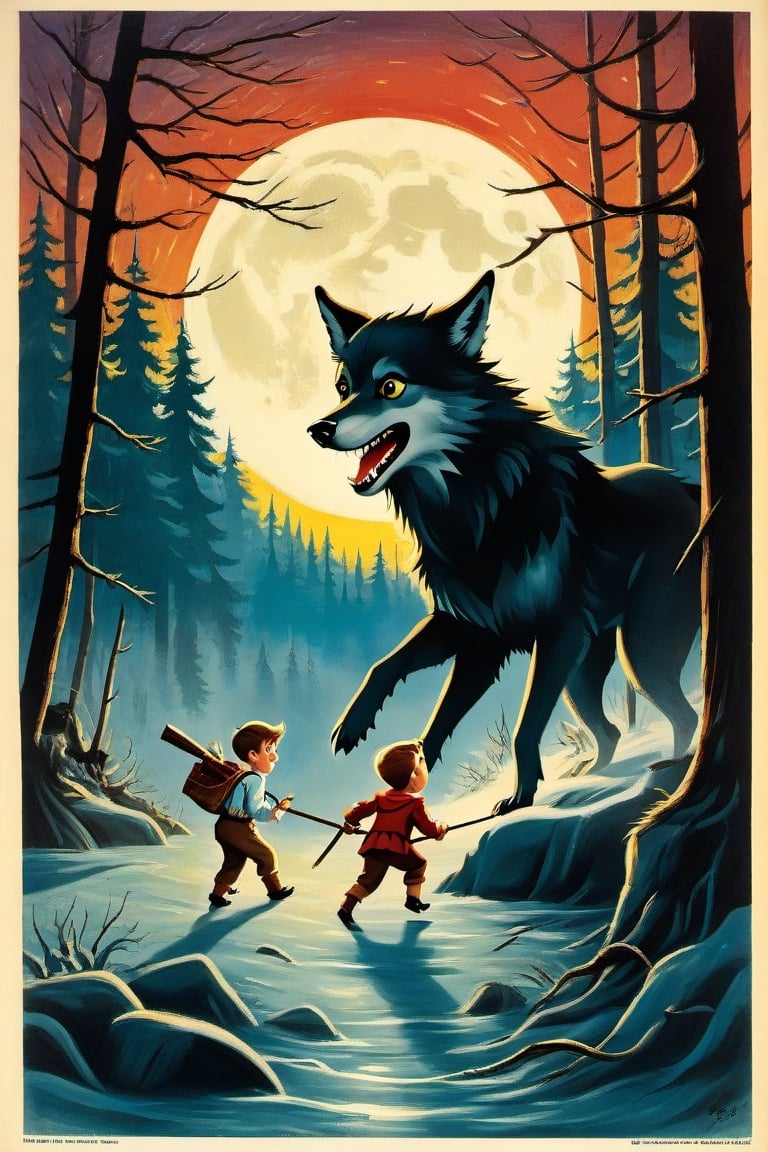 a 1950s movie poster for a 1920s Create a captivating and whimsical book cover for the juvenile horror/humor novel titled "The Howl of the Wendigo," part of the series "The Wolves of Blood Creek" by J.R. Ghostwood.