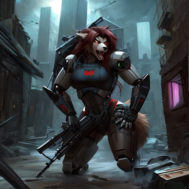 Robotic Werewolves battling a army of cyborg zombies in a deserted city, Cyborg, lycanthrope, long_hair, furry, animal_tail, anthro, zombies, surprise, fangs,sex robot,motoko2045wz, shotgun, warzone, werewolf 