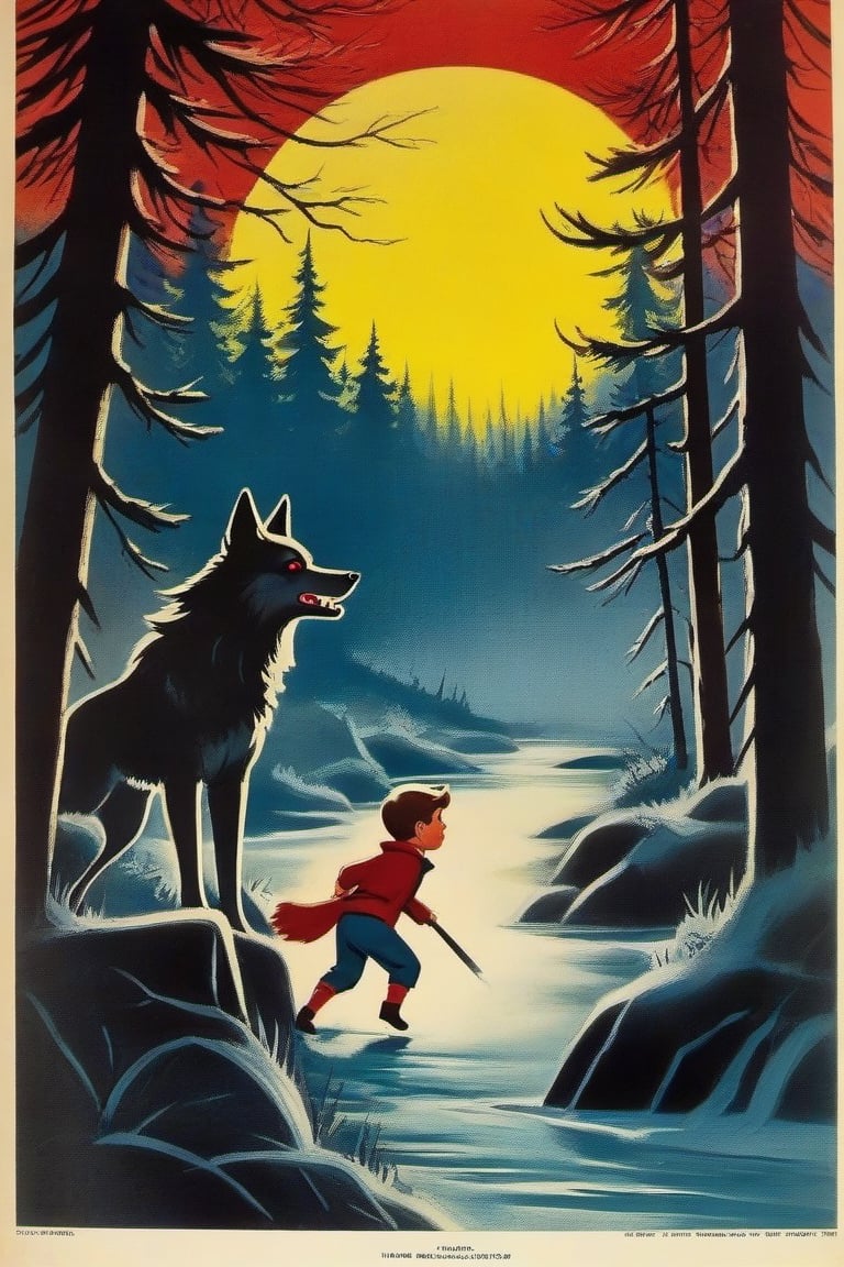 a 1950s movie poster for a 1920s Juvenile horror book cover for Title: The Howl of the Wendigo Series: The Wolves of Blood Creek, by J.R. Ghostwood,Xxmix_Catecat