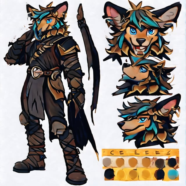 (CharacterSheet:1t),pirate, 1male, Roman_armor, black_fox, ancient_roman, aqua_hair, blue_eyes, anthromorph, high_resolution, digital_art, cute_fang, golden_jewelry, animal_tail,messy_hair, fancy, hunter, (multiple views, full body, upper body, reference sheet:1), back view, front view,(white background, simple background:1.2),(dynamic_pose:1.2),(masterpiece:1.2), (best quality, highest quality), (ultra detailed), (8k, 4k, intricate), (50mm), (highly detailed:1.2),(detailed face:1.2), detailed_eyes,(gradients),(ambient light:1.3),(cinematic composition:1.3),(HDR:1),Accent Lighting,extremely detailed,original, highres,(perfect_anatomy:1.2),SZ_4po enviroment,vane /(granblue fantasy/),nargacuga armor,lord of the rings (but careful with the word "lord"), digital_art