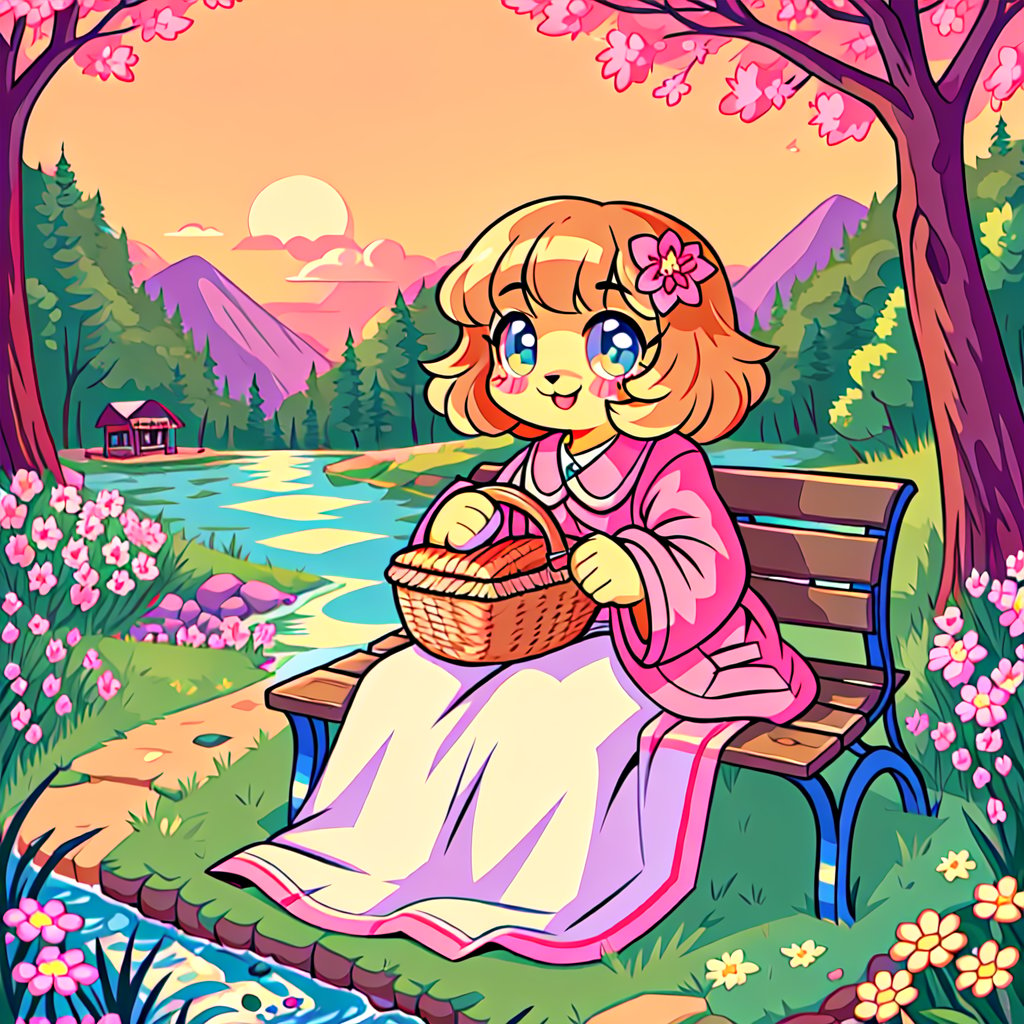 Solo_female,1930s (style), kawaii, outdoor, high_resolution, digital_art,|,a flowery field on a cool spring afternoon next to a brook| old blankets, bench, picnic, ruck_sack, basket, sack|,vectorstyle