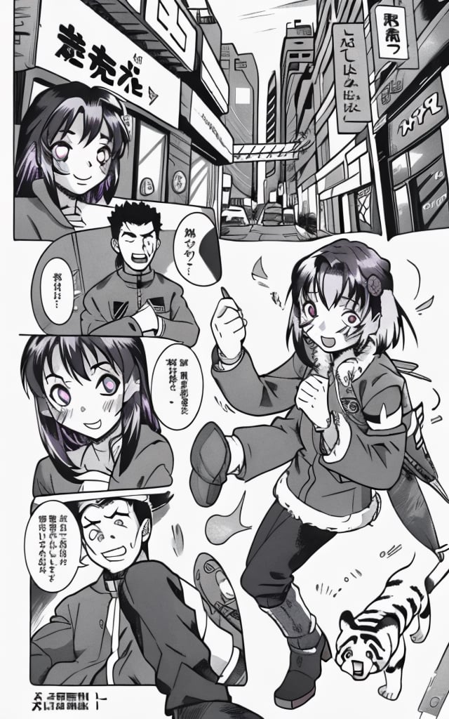 Comic, kawaii,mater piece, beautiful girl in an abandoned zombie filled city, red_panda, paw_gloves, Fur_boots, animal_marking, face_paint, chocolate_hair, violet_eyes, furry_jacket,yofukashi background, zombies,hinata,1990s \(style\),kusanagi motoko,city,chundef, action_pose, battle_stance, back_pack,running,teenage , ripped_clothing, bloody_clothes, sweatpants,Circle,vectorstyle, happy_face, hungry,cammy sf6,c.c.