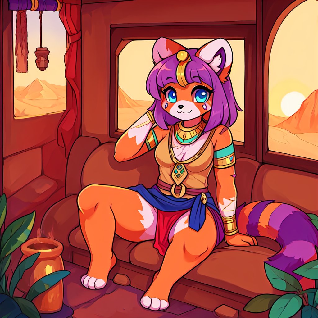 1930s (style), kawaii, inside a peaceful and relaxing small old fashion western train car, with the soft desert sun shinning softy through the front windows,  red_panda, ancient_egyptian, lavender_hair, blue_eyes, anthromorph, high_resolution, digital_art, cute_fang, golden_jewelry, messy_hair, curvy_figure, body scars, female, indoors, Red_fur, chest_fluff, relaxing, fore_paws, loin_cloth,Building_Egyptian, tunic, foot-pads, crossed_legs