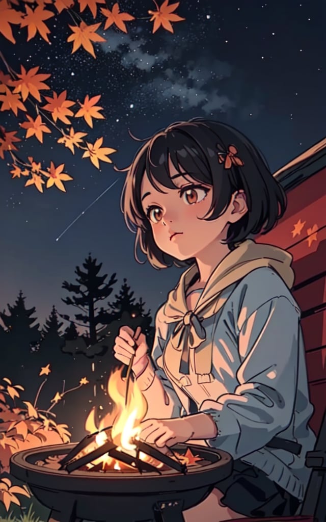 1930s (style), a loli girl roasting marshmallows over a campfire looking up at a stary night surrounded by maple trees, Sketch, autumn_leaves, star_(sky),Lofi,LOFI,cassdawnlvl1,day,EpicArt