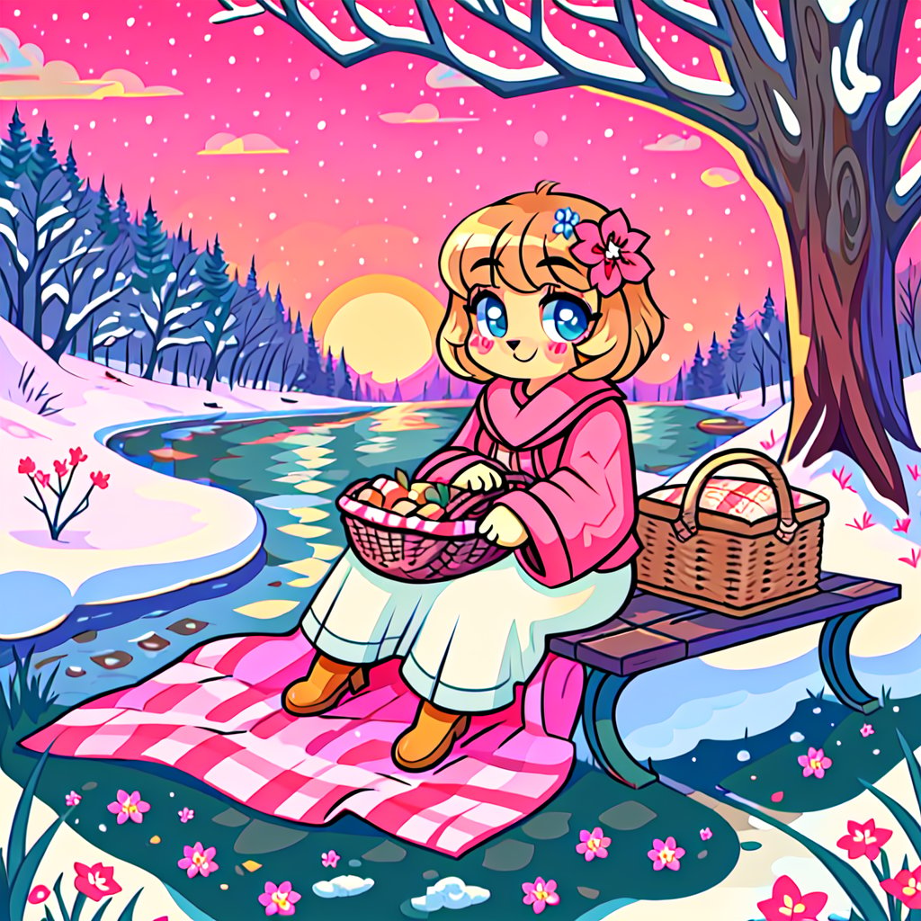 Solo_female,1930s (style), kawaii, outdoor, high_resolution, digital_art,|,a flowery field on a cold winter afternoon next to a brook| old blankets, bench, picnic, ruck_sack, basket, sack|,vectorstyle