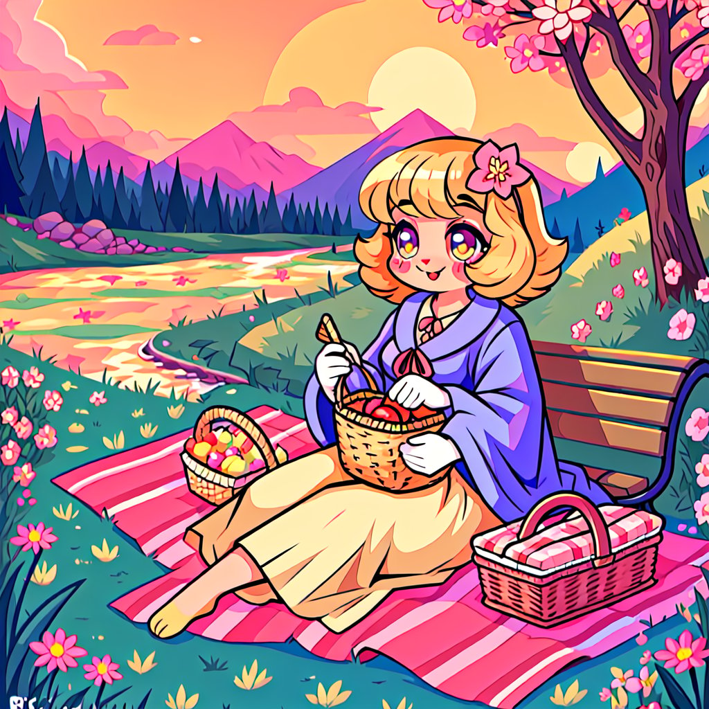 Solo_female,1930s (style), kawaii, outdoor, high_resolution, digital_art,|,a flowery field on a cool summer afternoon next to a brook| old blankets, bench, picnic, ruck_sack, basket, sack|,vectorstyle