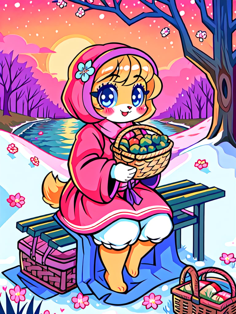 Solo_female,1930s (style), kawaii, outdoor, high_resolution, digital_art,|,a flowery field on a cold winter afternoon next to a brook| old blankets, bench, picnic, ruck_sack, basket, sack|,vectorstyle