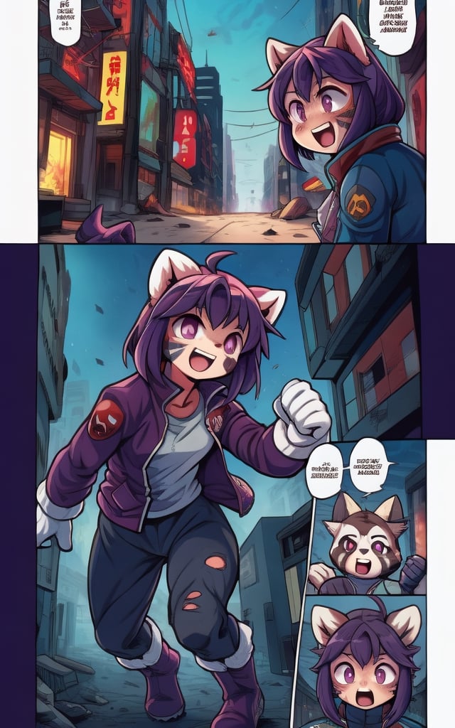 Comic, kawaii, master piece, beautiful girl in an abandoned zombie filled city, red_panda, paw_gloves, Fur_boots, animal_marking, face_paint, chocolate_hair, violet_eyes, furry_jacket,yofukashi background, zombies,hinata,1990s \(style\),kusanagi motoko,city,chundef, action_pose, battle_stance, back_pack,running,teenage , ripped_clothing, bloody_clothes, sweatpants,Circle,vectorstyle, happy_face, hungry,cammy sf6,c.c.,manga,manwha,chara-sheet,comic