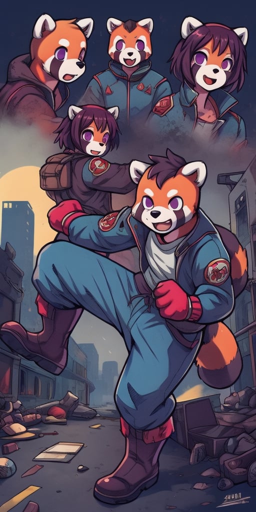 1930s (style), Comic, kawaii, master piece, beautiful boy in an abandoned zombie filled city, red_panda, paw_gloves, Fur_boots, animal_marking, face_paint, chocolate_hair, violet_eyes, furry_jacket,yofukashi background, zombies,hinata,1990s \(style\),kusanagi motoko,city,chundef, action_pose, battle_stance, back_pack,running,teenage , ripped_clothing, bloody_clothes, sweatpants,Circle,vectorstyle, happy_face, hungry,cammy sf6,c.c.,manga,manwha,chara-sheet, animal_tail