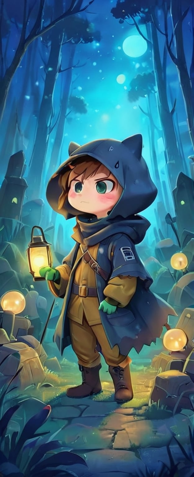 In a desolate world, a young grave digger boy roams the Bioluminescent tundra graveyard, his fur cloak and gas mask shielding him from the toxic air. With his magical miner's lantern and pick ax, he navigates the retro-future, hydro-punk landscape, reminiscent of a 1930s cartoon. But in this world, danger lurks around every corner. Will he find fortune or meet his doom on this treacherous journey?,gas mask,plague_doctor_mask ,Cybermask,3d style,chibi