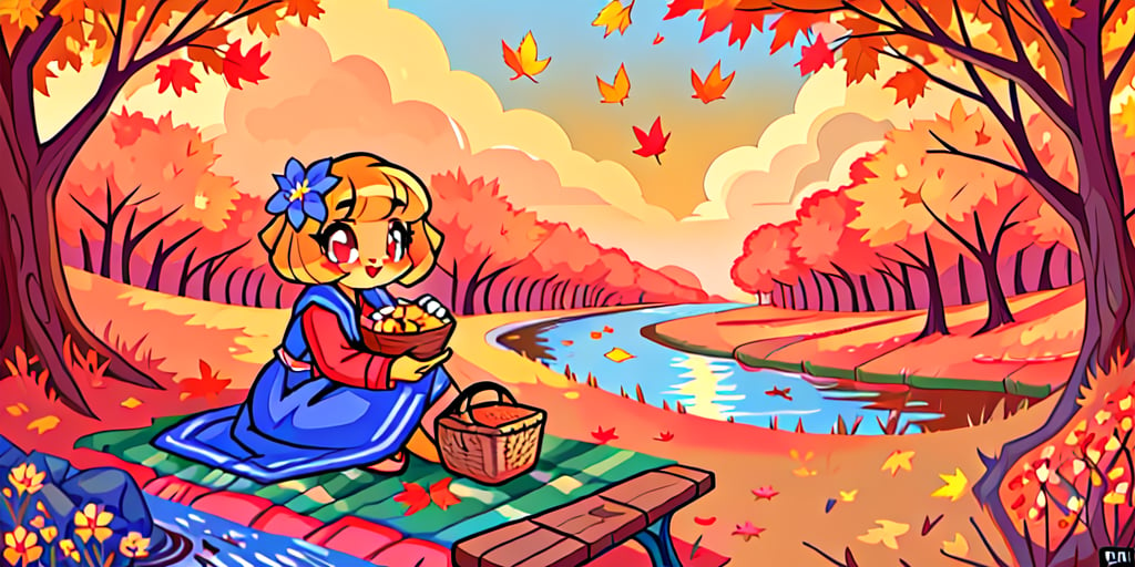 Solo_female,1930s (style), kawaii, outdoor, high_resolution, digital_art,|,a flowery field on a cool autumn afternoon next to a brook| old blankets, bench, picnic, ruck_sack, basket, sack|,vectorstyle