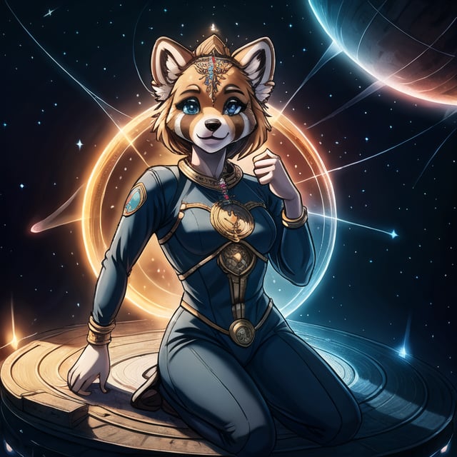 Galali, a male kawaii furry suit of a red panda golden retriever hybrid with glowing celestial constellation markings fully body portray wearing a bohemian space suit, with Sami symbolism embroidered on his shirt, surrounded by the dieselpunk space station orbiting Uranus, complex lighting and shadows, Cute and fluffy, Brass jewelry, shiny, sunlight fractal details, depth of field, detailed gorgeous face, Sci-Fi environment, natural body posture, professional photographer, captured with professional DSLR camera, 64k, ultra-detailed, ultra-accurate detailed, bokeh lighting, surrealism, ultra unreal engine, intricate, epic,fantasy_princess,Circle