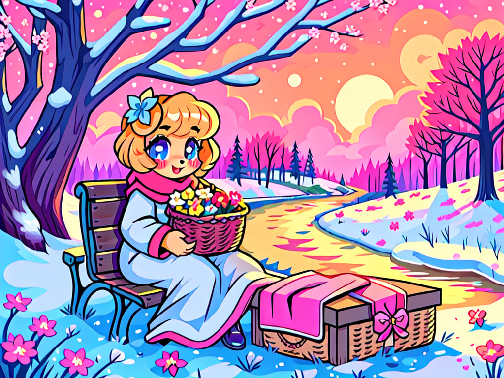 Solo_female,1930s (style), kawaii, outdoor, high_resolution, digital_art,|,a flowery field on a cold winter afternoon next to a brook| old blankets, bench, picnic, ruck_sack, basket, sack|,vectorstyle