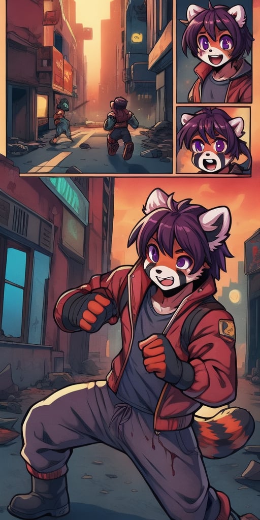 1930s (style), Comic, kawaii, master piece, beautiful boy in an abandoned zombie filled city, red_panda, paw_gloves, Fur_boots, animal_marking, face_paint, chocolate_hair, violet_eyes, furry_jacket,yofukashi background, zombies,hinata,1990s \(style\),kusanagi motoko,city,chundef, action_pose, battle_stance, back_pack,running,teenage , ripped_clothing, bloody_clothes, sweatpants,Circle,vectorstyle, happy_face, hungry,cammy sf6,c.c.,manga,manwha,chara-sheet, animal_tail