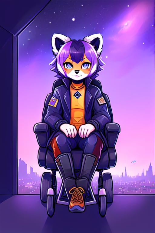 1930s (style),furry, kawaii, red_panda, ancient_egyptian, lavender_hair, blue_eyes, anthromorph, high_resolution, digital_art, cute_fang, golden_jewelry, messy_hair, curvy_figure, body scars, male, space suite, future, soldier, ,kusanagi motoko, city, wheelchair