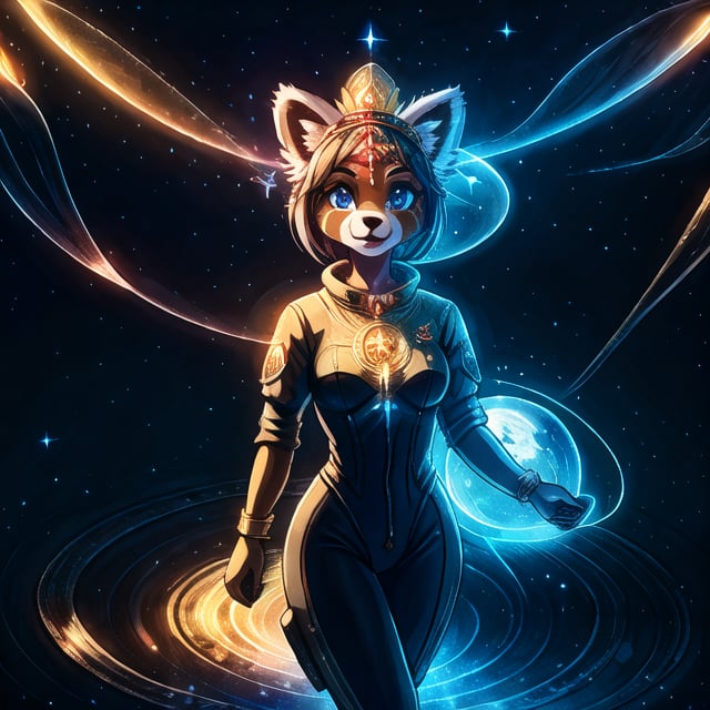 Galali, a male kawaii furry suit of a red panda golden retriever hybrid with glowing celestial constellation markings fully body portray wearing a bohemian space suit, with Sami symbolism embroidered on his shirt, surrounded by the dieselpunk space station orbiting Uranus, complex lighting and shadows, Cute and fluffy, Brass jewelry, shiny, sunlight fractal details, depth of field, detailed gorgeous face, Sci-Fi environment, natural body posture, professional photographer, captured with professional DSLR camera, 64k, ultra-detailed, ultra-accurate detailed, bokeh lighting, surrealism, ultra unreal engine, intricate, epic,fantasy_princess,Circle