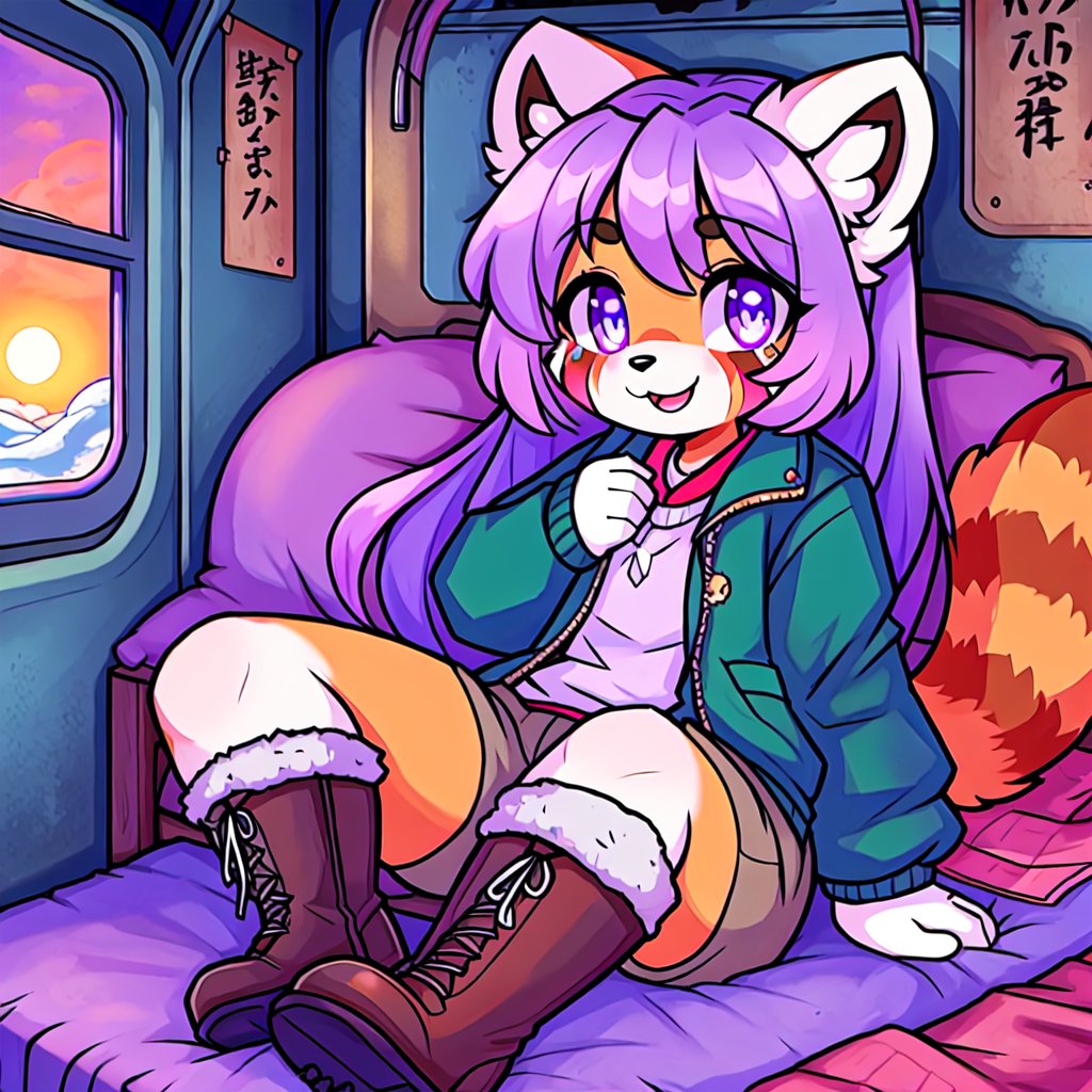 Solo_female,1930s (style), kawaii, indoors, high_resolution, digital_art,|inside a broken down dirty, old abandoned train car with the soft winter sun shinning softy through the windows| old blankets, bench,old mattress, ruck_sack, oil_lanterns, sack|,red_panda, anthromorph, violet_fur, curvy_figure| long_lavender_hair, bed_head, streaked_hair,|,sapphire_eyes, cute_fang, body scars,| cute, ripped_clothing, green_winter_clothes, stained_jacket, gloves, boots,|, happy_face, arms_crossed,teenage, crossed_legs_(sitting), sickness,